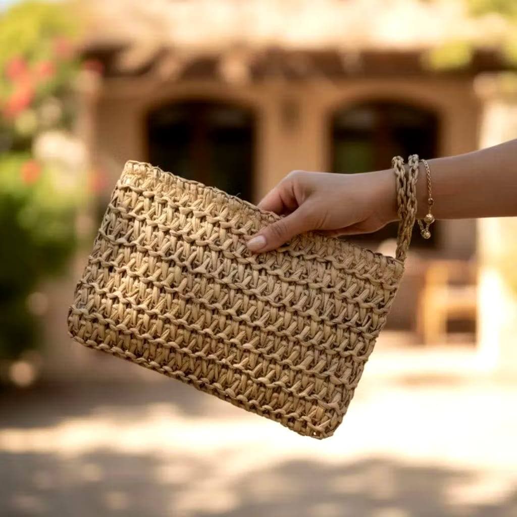 Carteira Feminina Trançada Palha Com Zíper e Alça de Mão Forrada Leve