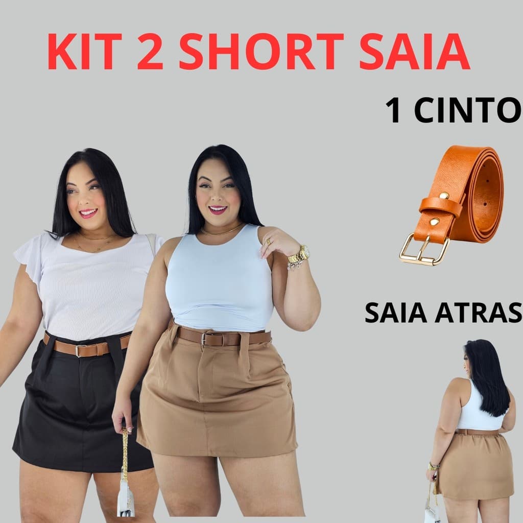 Kit 2 Short Saia Plus Size Alfaiataria Com Cinto Casual