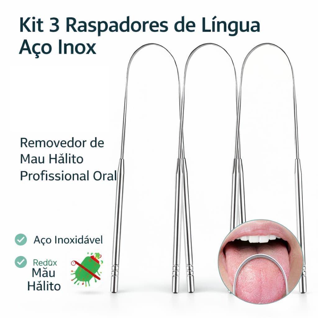 Kit Raspador de Língua Aço Inox 1/2/3 Unidades Removedor de Mau Hálito Profissional Oral