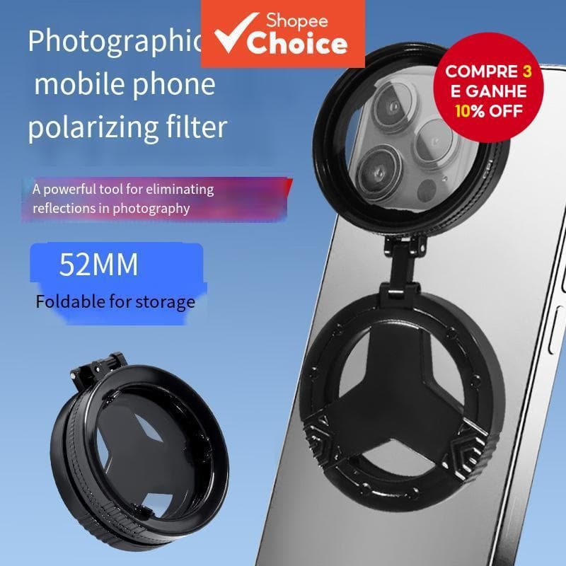  Suporte Magnético 52mm Filtro Polarizador CPL para Lentes de Celular Samsung e Outros Smartphones com Adaptador