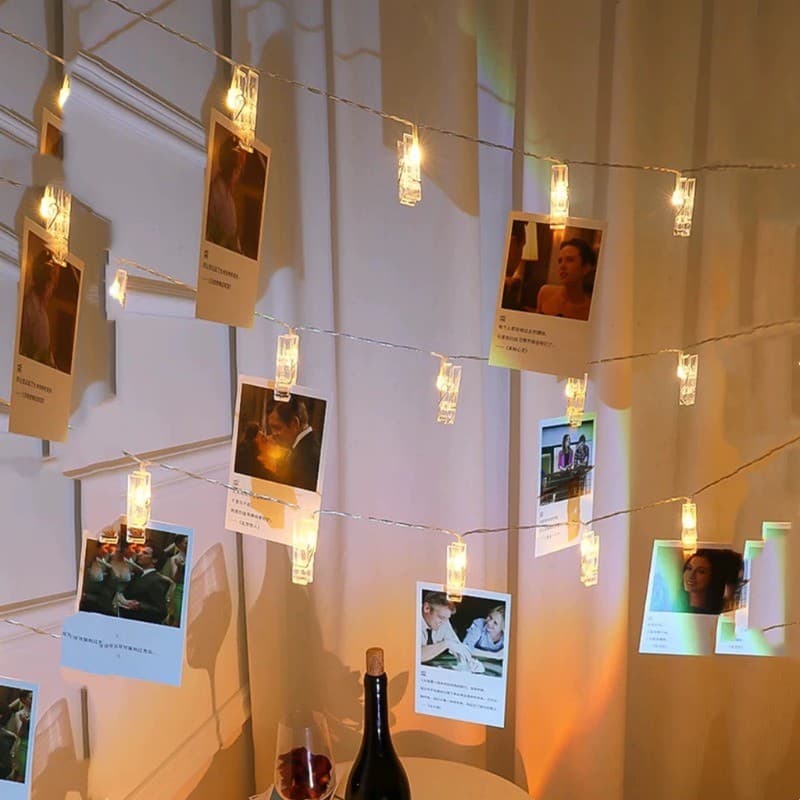 Varal de LED com Pregadores 2m, Suporta 10 Fotos, Decoração de Quarto e Festa