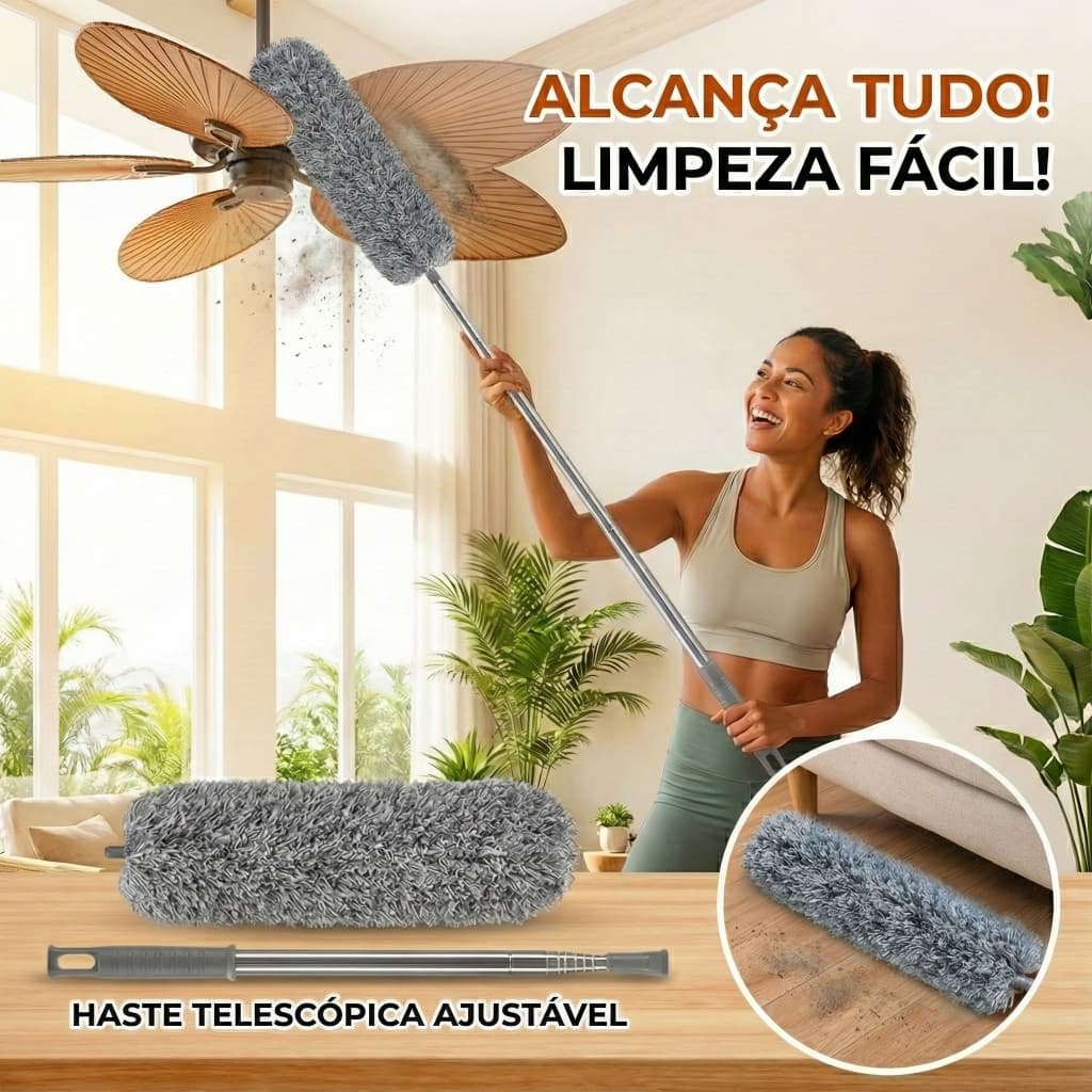 Espanador De Pó Microfibra Telescópico 2,80m Extensível Flexível Limpa Teto E Teia De Aranha