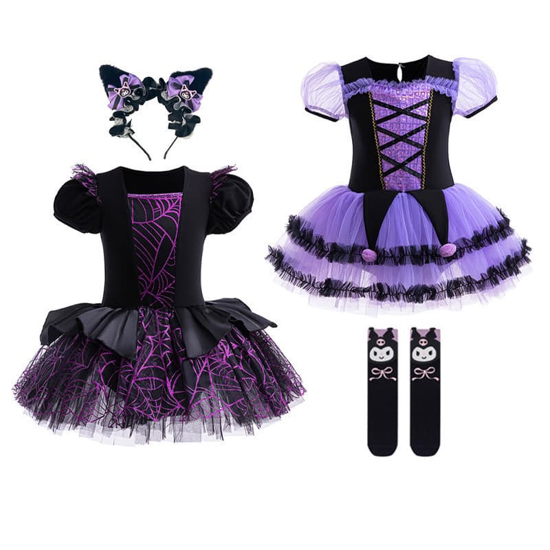 Sanrio Purpe Vestido Para 3 A 8 Anos Crianças Menina Kuromi Manga Curta Ballet Dança Roupas Halloween Natal Cosplay Traj