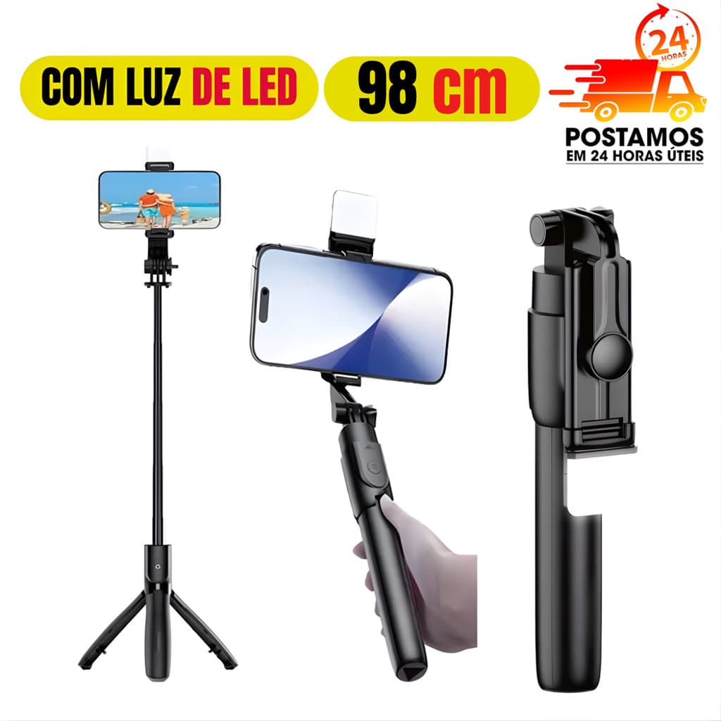 Bastão Pau de selfie Tripé Com 98,1cm Retrátil Com Luz LED Controle Bluetooth Celular
