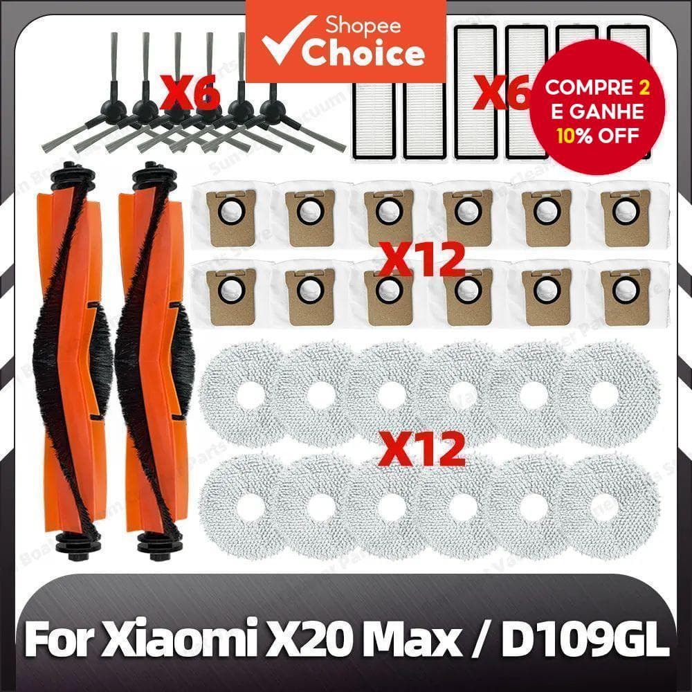  Compatível com Xiaomi X20 Max / D109GL, escova lateral principal de substituição, filtro HEPA, panos de esfregão, sacos