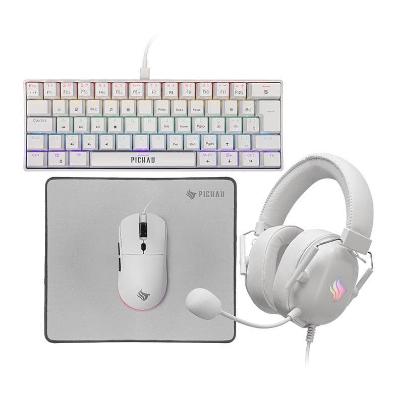Combo Gamer Pichau Netuno V2 4x1: Teclado Mecânico ABNT2 Mouse 4200DPI Mousepad Headset 50mm, Branco