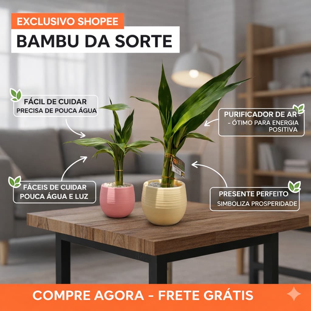 Mini Bambu da Sorte Natural com Pedrinhas Brancas – Vasinho Decorativo com Reservatório de Água