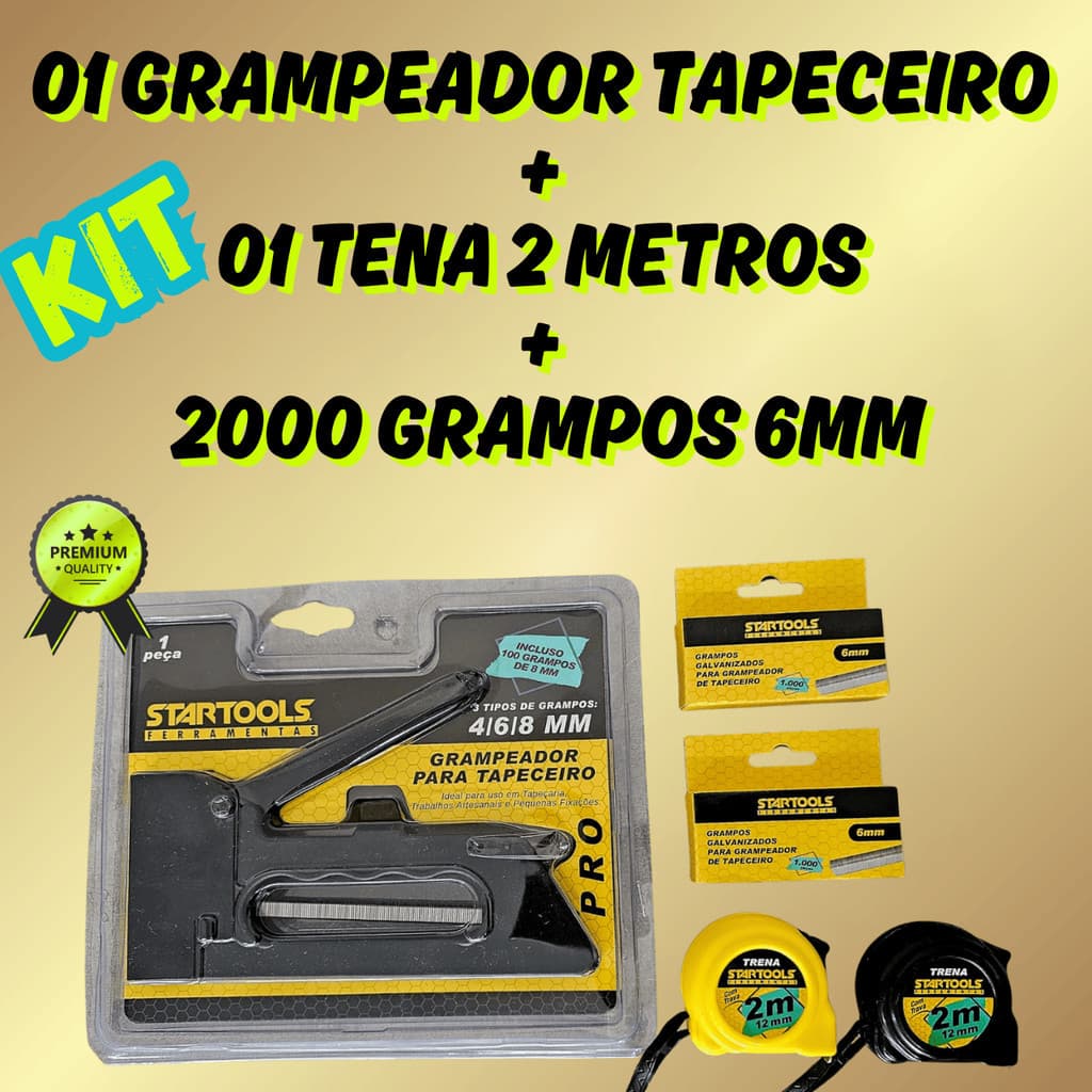 Kit Grampeador de Tapeceiro + Trena de 2 metros + 2.000 Grampos 6MM