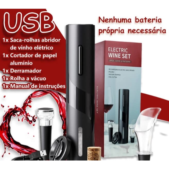 Saca Rolha Abridor De Vinho Elétrico Recarregável / pilha Automático Kit 4 Peças Carregamento por usb