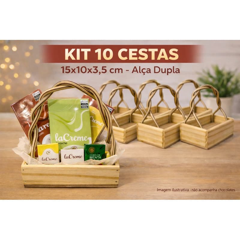 Kit 5/10 Cesta Madeira Pinus 15cm Alça Dupla Fundo MDF Fraldeira Presente