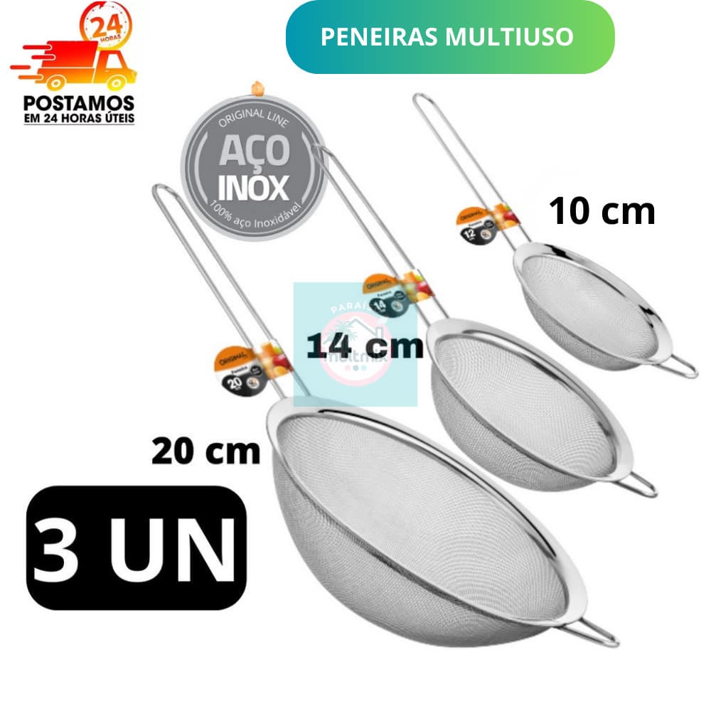 Kit 03 Peneira Coador Manual Em Aço Inox Para Cozinha 10cm 14cm 20cm