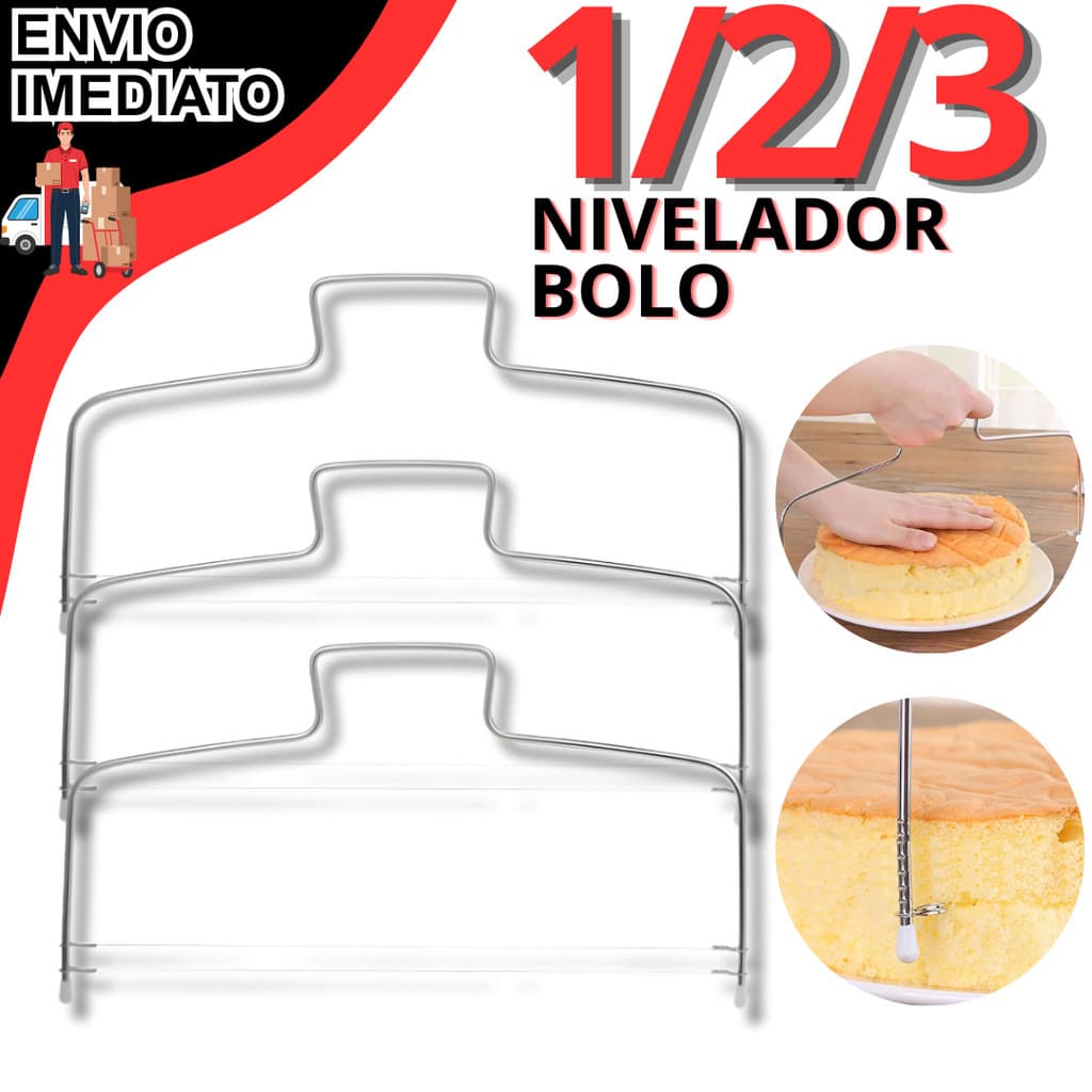 Kit 1/2/3 Nivelador Cortador Fatiador De Bolos Em Inox Fio Duplo Profissional Ajustável 32cm Confeitaria