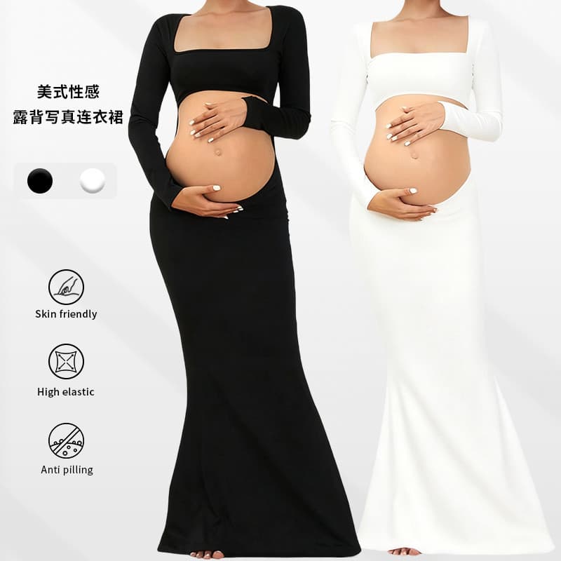 Roupas para sessão de fotos de maternidade, vestido de maternidade elástico, saia sereia, vestido longo sem costas que r