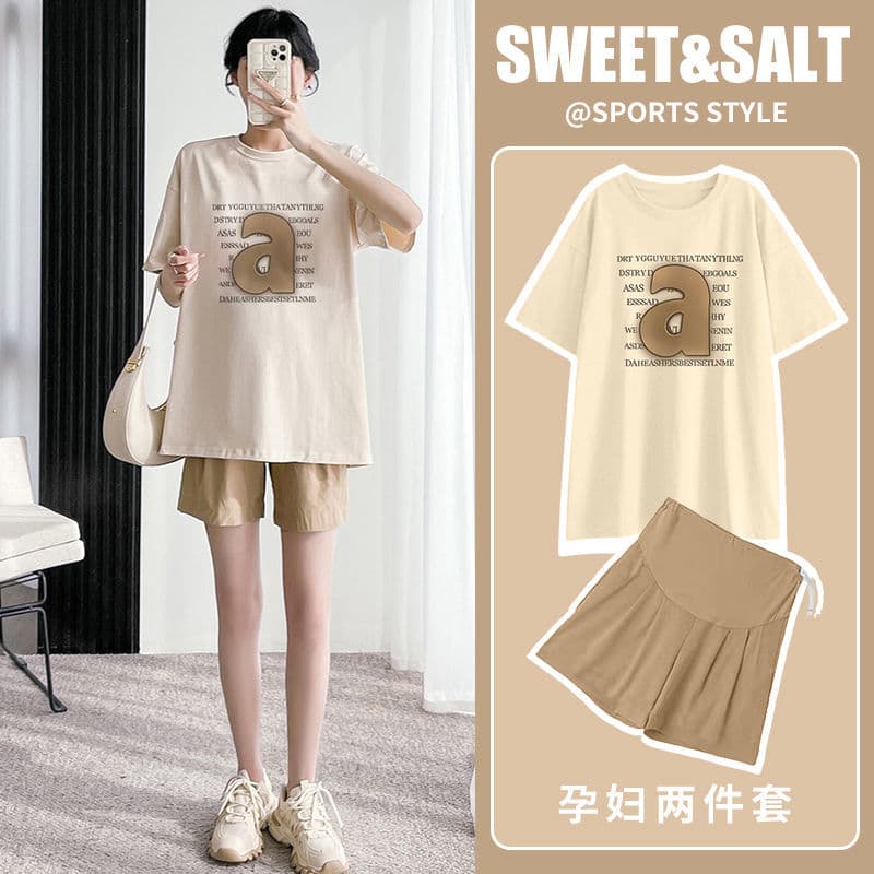 Roupa de maternidade verão terno exterior solto manga curta camiseta camisa de fundo algodão + maternidade barriga eleva