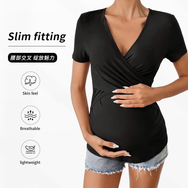 Cintura cruzada magro-ajuste com decote em V cor sólida alta elástica Yoga Fitness Design sentimento mulheres grávidas c