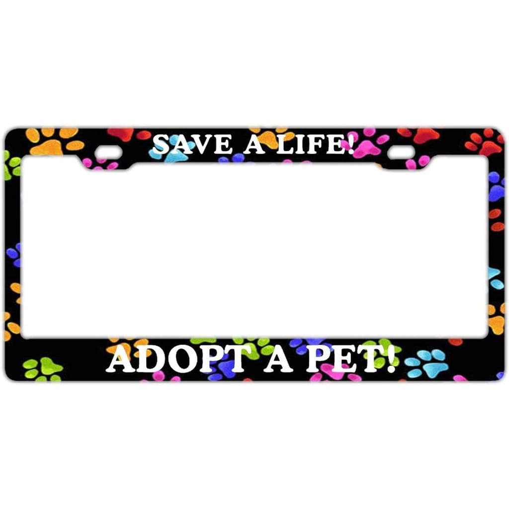 Salve uma Vida! Adote um animal de estimação! Moldura de Placa de Metal Preta com Impressão de Pata de Arco-Íris