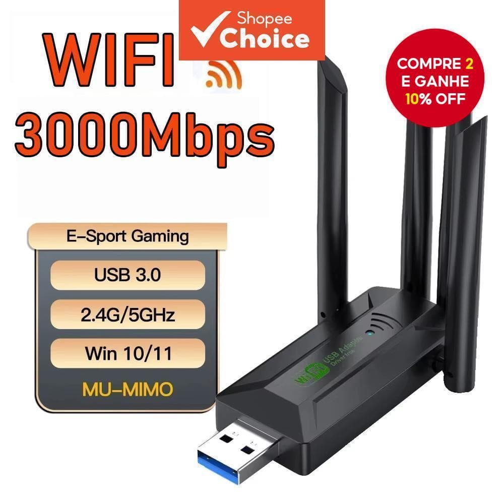 Adaptador USB WiFi 3000Mbps Para PC Laptop 2.4G 5Ghz 802.11AC 4 Antenas Sem Fio