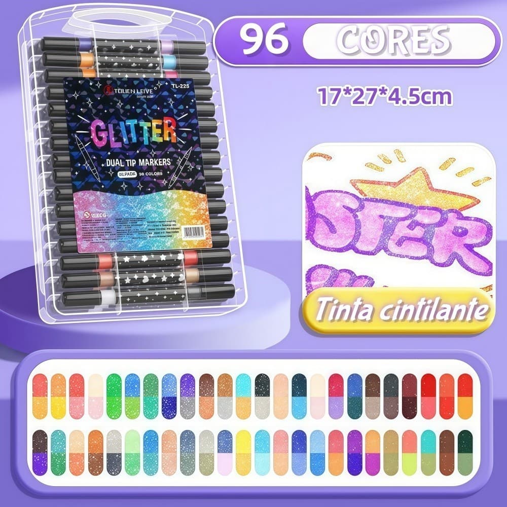 Caneta Marcadora Glitter Dupla Ponta 12/24/36/48/72/96 Cores | Arte, Escola, Planner, Desenho