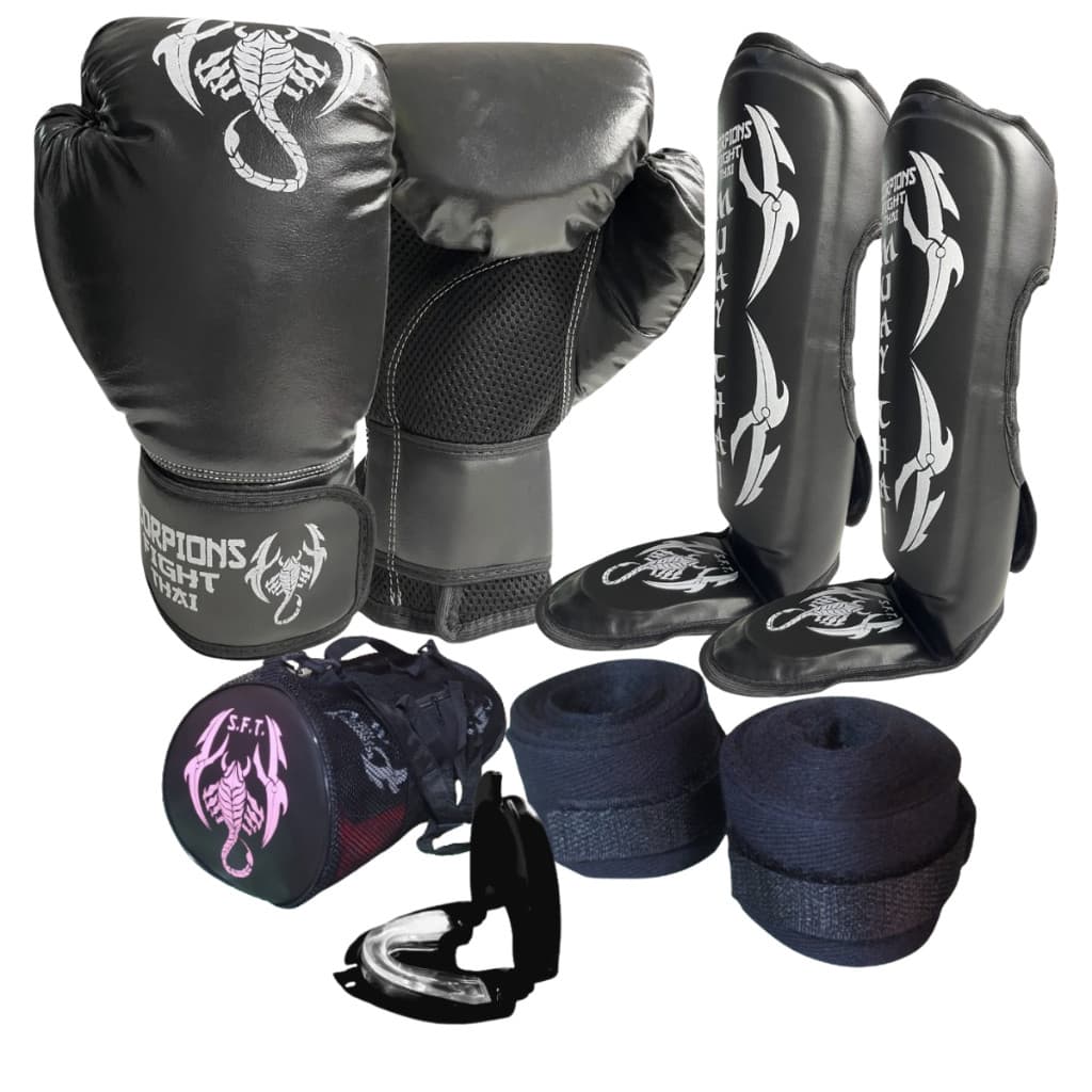 Kit Boxe Muay Thai Kickboxing Luva+caneleira+bucal+bandagem+bolsa