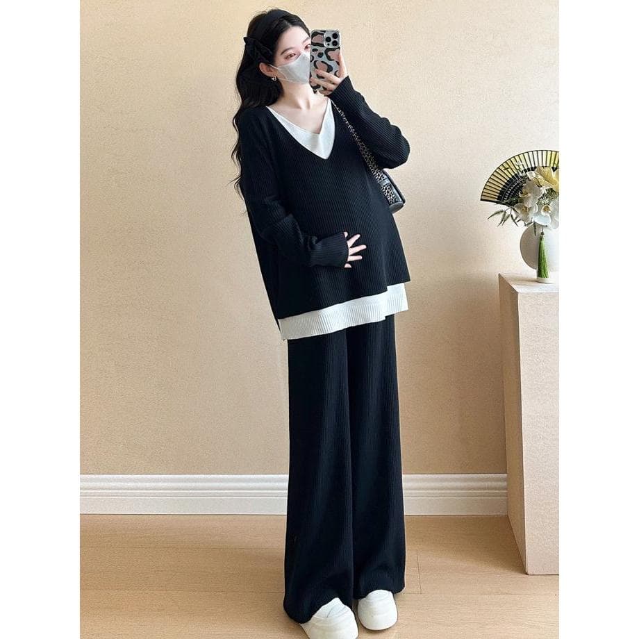 Roupa de maternidade primavera terno elegante 2026 novo estilo preto primavera outono calças superiores de malha terno d