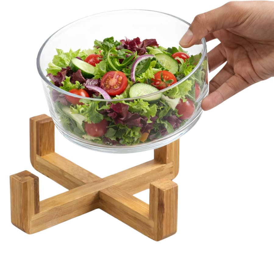 Saladeira De Vidro C/ Suporte De Madeira Bowl Sobremesa Tigela Mesa Cozinha 13cm