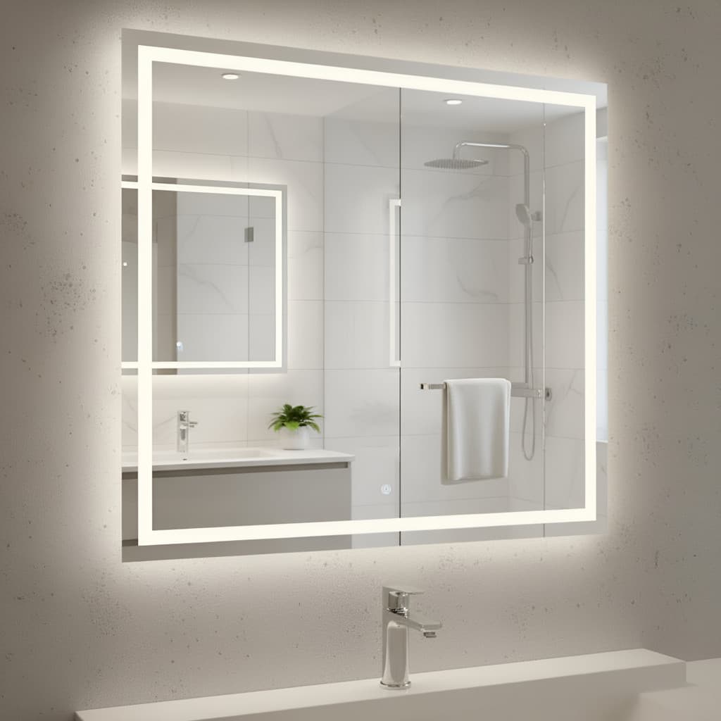 Espelho Quadrado 50x50 Jateado com LED Touch 3 Cores Banheiro Salão Moderno