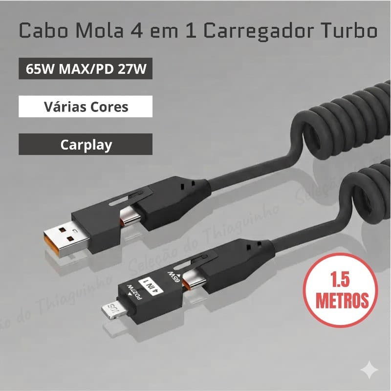 Cabo Mola 4 em 1 CarPlay Dados 65W PD 27W Turbo p/ Carro iPhone 12/13/15/16/17 Xiaomi Samsung