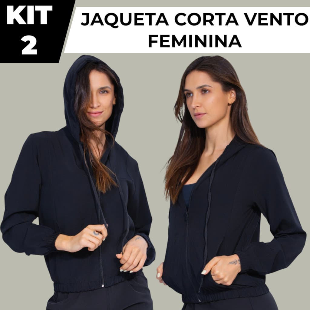 Kit 2 Jaquetas Blusa Corta Vento Feminina Capuz Forrado Leve Casual Esportiva Academia Lisa