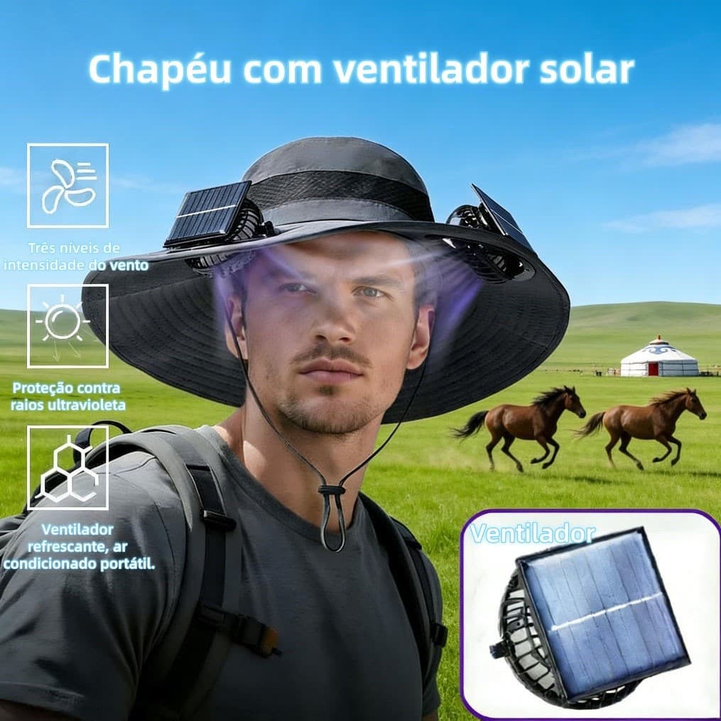 Chapéu com 2 ventiladores alta ventilação movidos a energia solar e recarregáveis por USB proteção UV protedor Solar