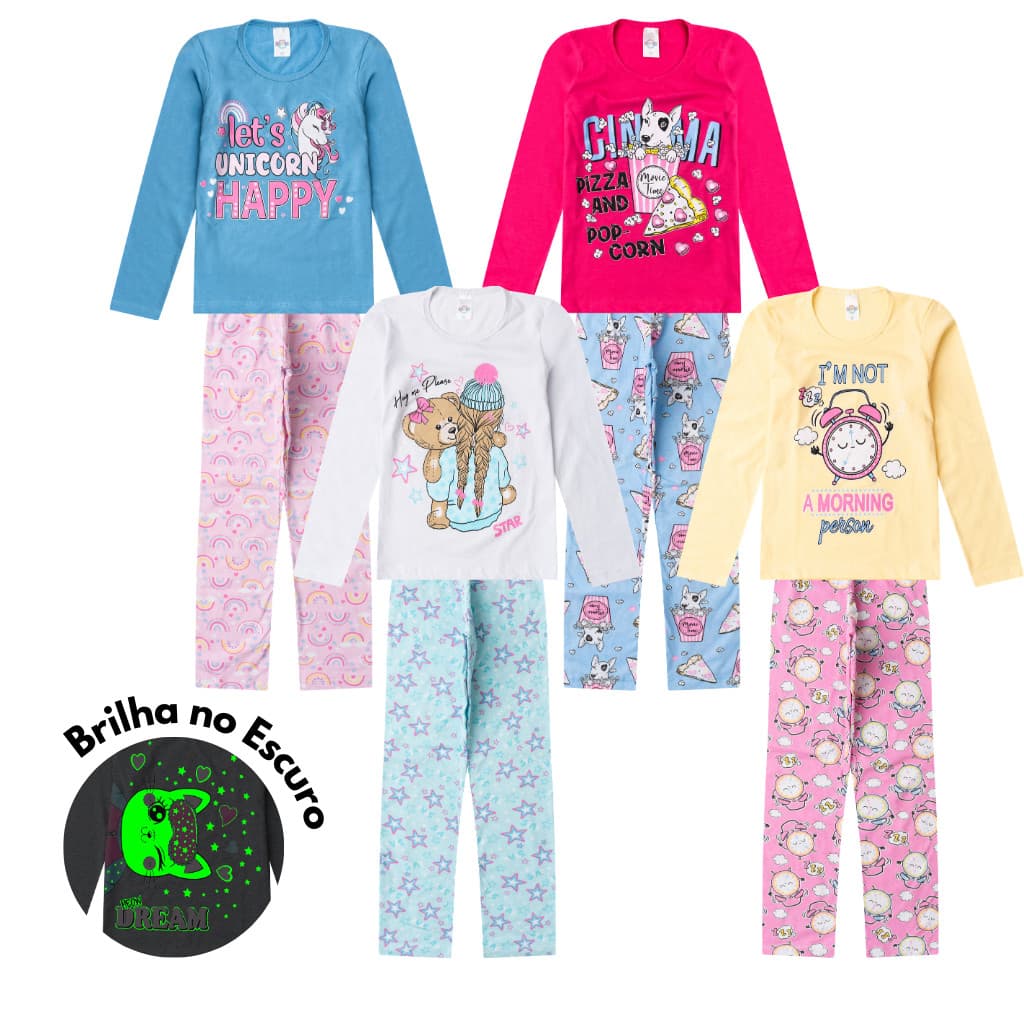 Kit 2 Conjuntos Pijama Longo Algodão Juvenil MENINA 10 ao 14 Brilha no Escuro