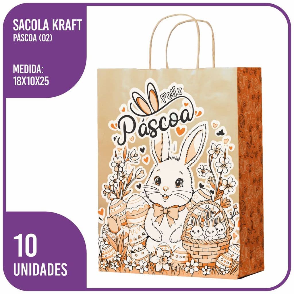 Sacola Kraft Feliz Páscoa (02) PP 18x10x25 - (10 Unidades)