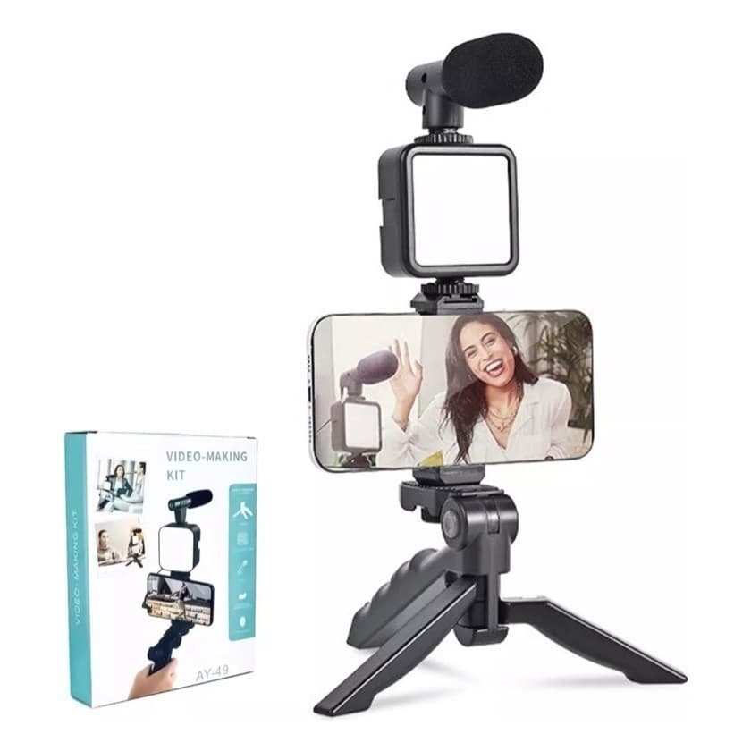 Kit para streaming de vlogs e microfone com luz de tripé Palo Selfies, cor preta AY-49