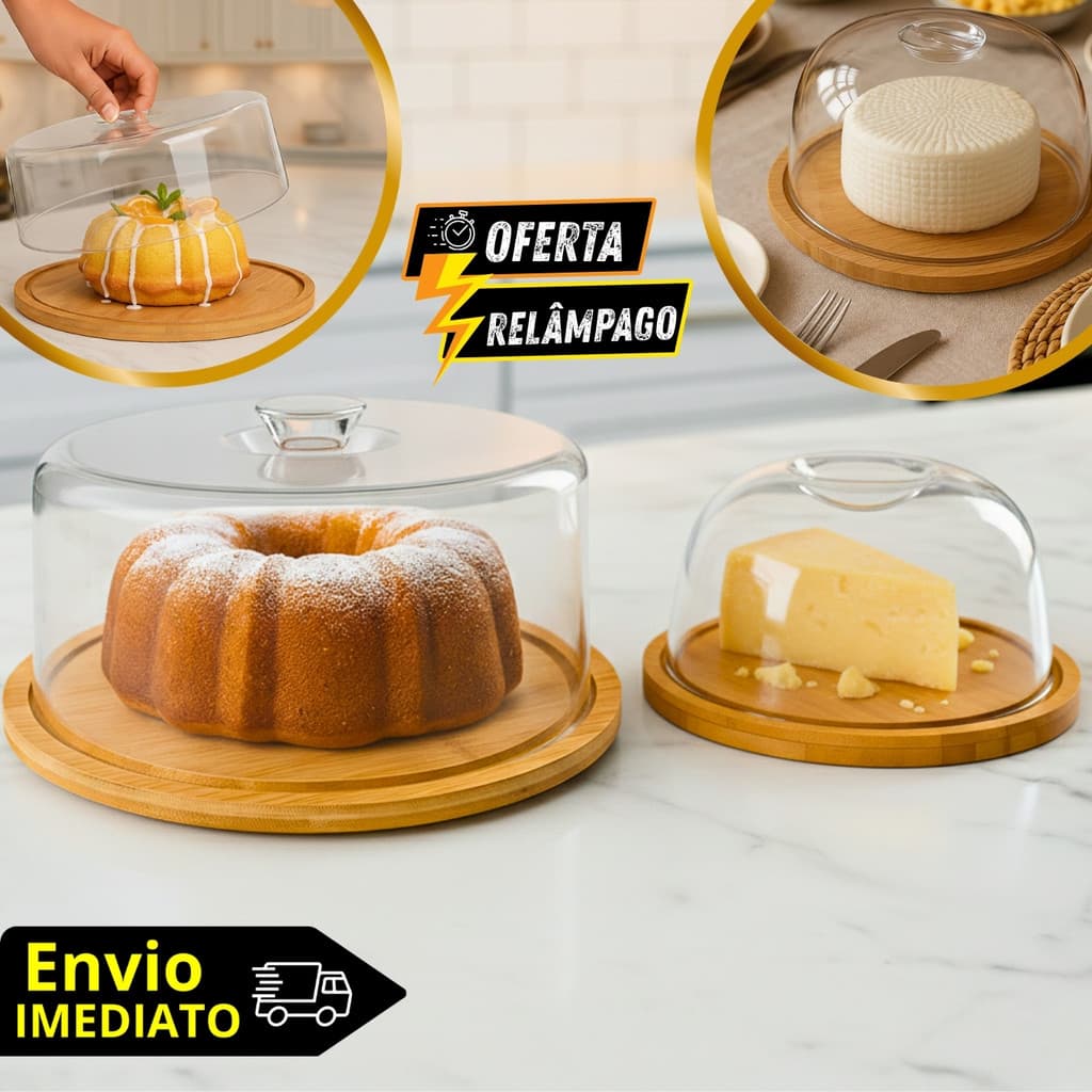 Kit Boleira 28cm + Queijeira 19cm Bambu Tampa Em Acrílico Porta Queijo Frios Porta Bolo Torta Café da Manhã Mesa Posta