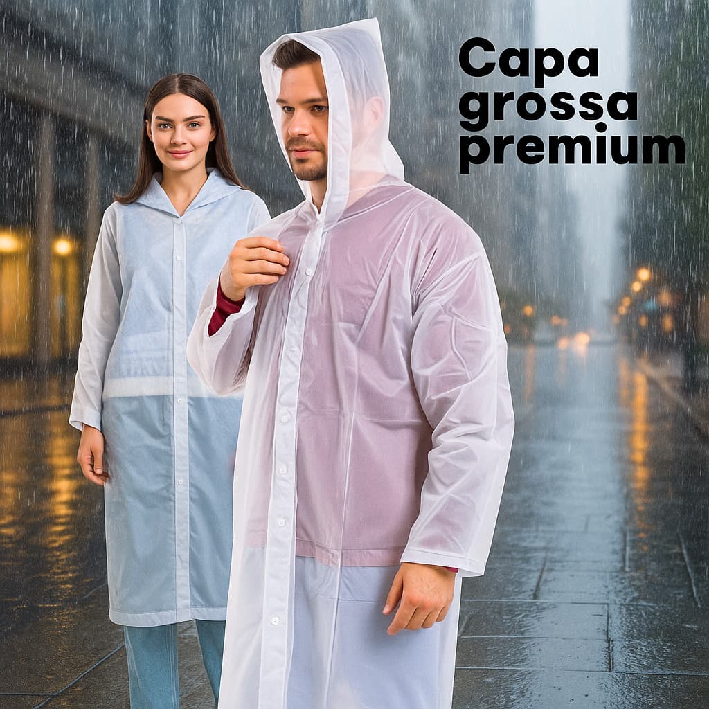 Capa de Chuva Longa Grossa Transparente com Capuz Mega Reforçada Impermeável Unissex