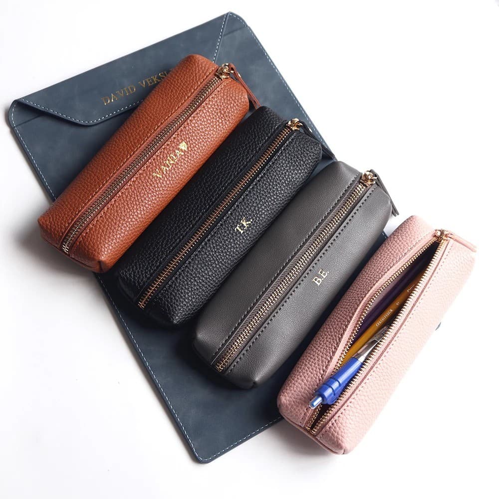 Nome Personalizado Couro Feminino Caso De Maquiagem Negócios Escola Estudante Zíper Caneta Saco Cosmético De Armazenamen