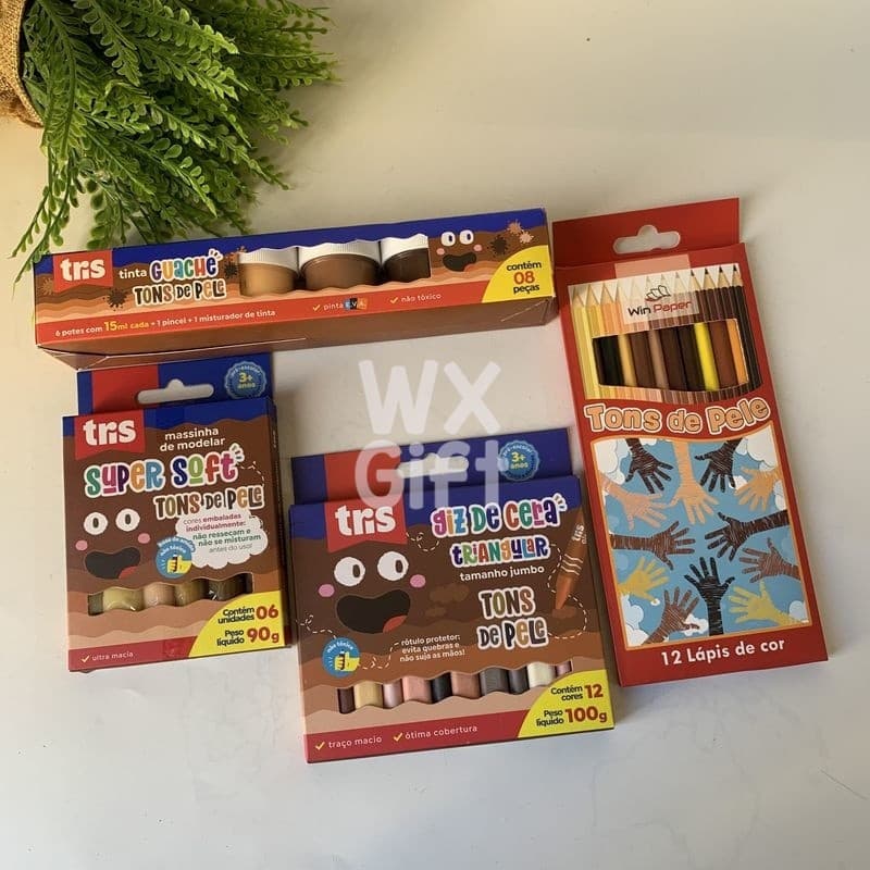 Kit Artistico Tons de Pele Infantil com Guache, Massinha, Giz e Lápis de cor