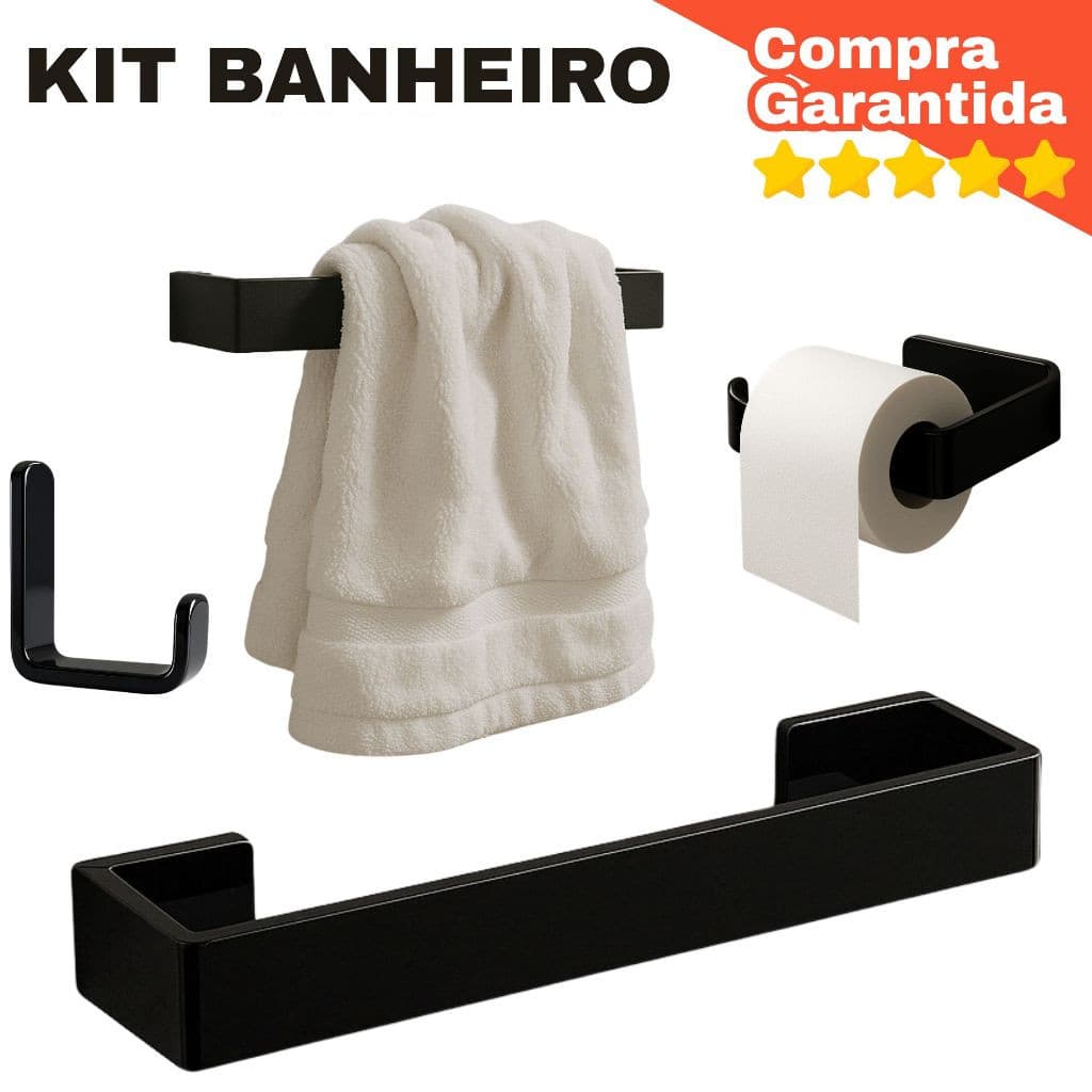 Kit Acessórios Banheiro Preto Moderno Porta Toalha, Papel Higiênico e Ganchos