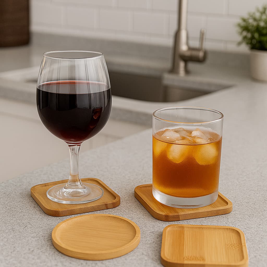 Kit apoio de copo Porta Copos Bambu 2 4 6 Quadrado ou Redondo Descansador Decoração Mesa Cozinha Natural