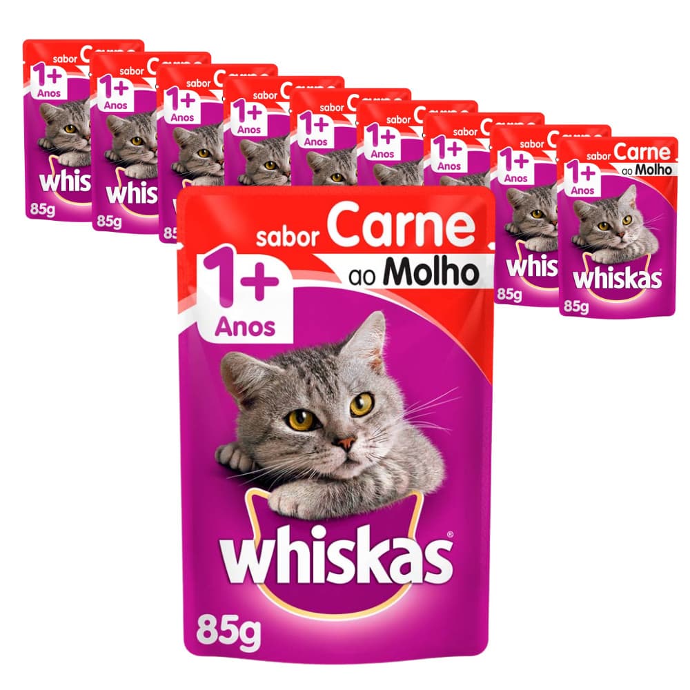 Ração Úmida Whiskas Sachê para Gatos Adultos sabor Carne ao Molho 85g - KIT 10 unids.