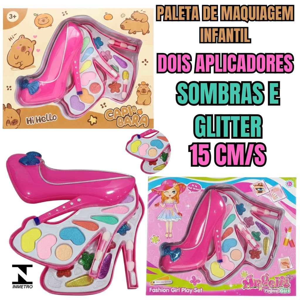 Maquiagem Infantil em Estojo Sapato 15cm – Paleta Completa com Aplicadores, Brinquedo Seguro para Crianças