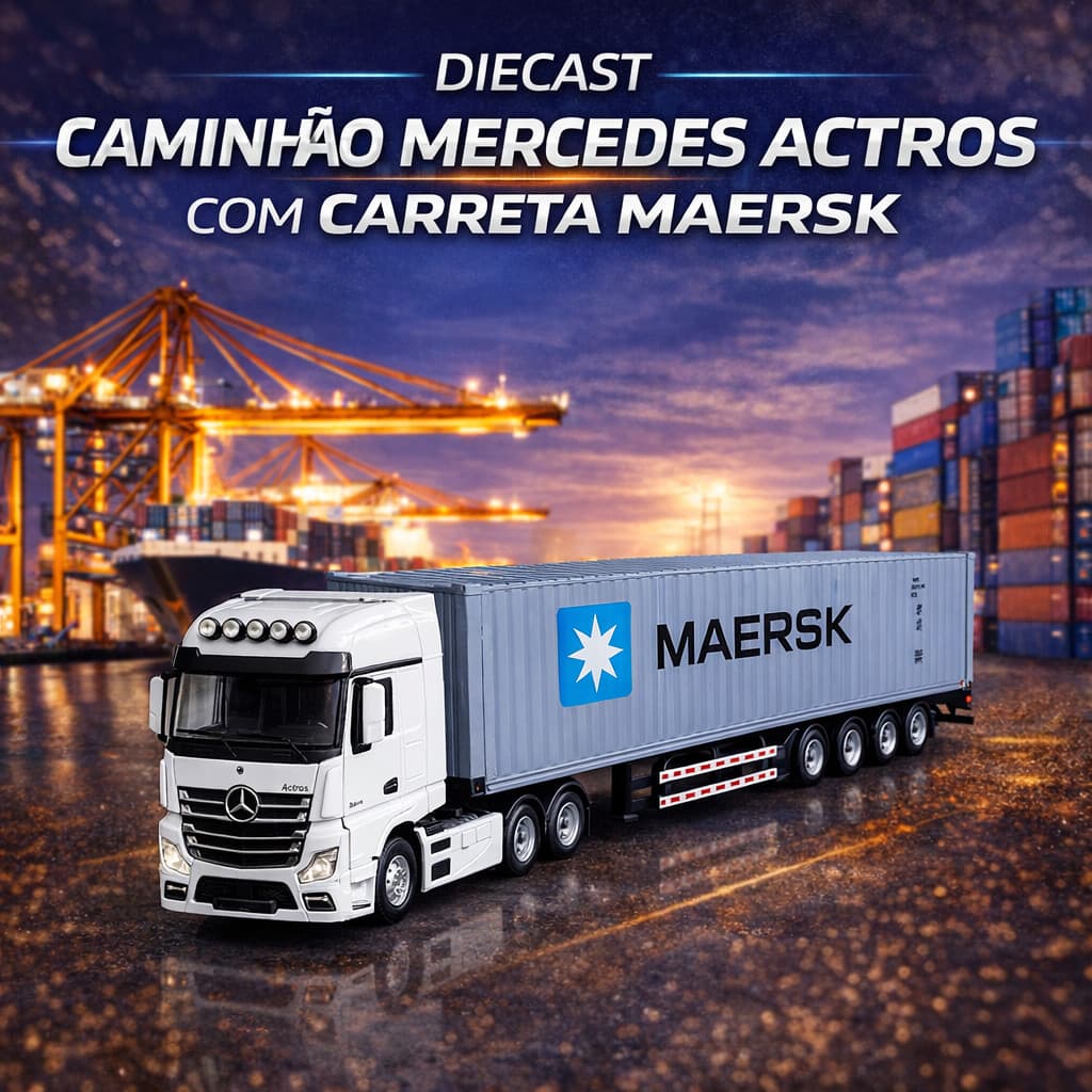 Miniatura Caminhão Mercedes Com Container Maersk Farol E Som
