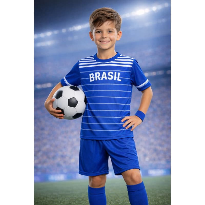 Conjunto Infantil Copa Do Mundo Brasil Menino Menina Roupa Azul e branco  listrado Torcer Futebol MERYOUTLET 2 AO 14
