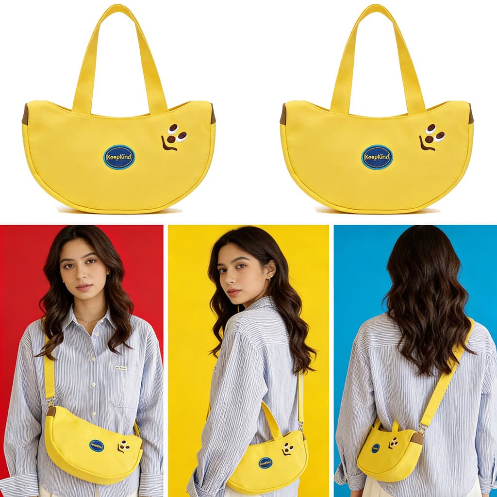Bolsa De Ombro De Lona Com Design De Banana Divertida , Sacola Fofa De Desenho Animado Para Compras De Uso Diário