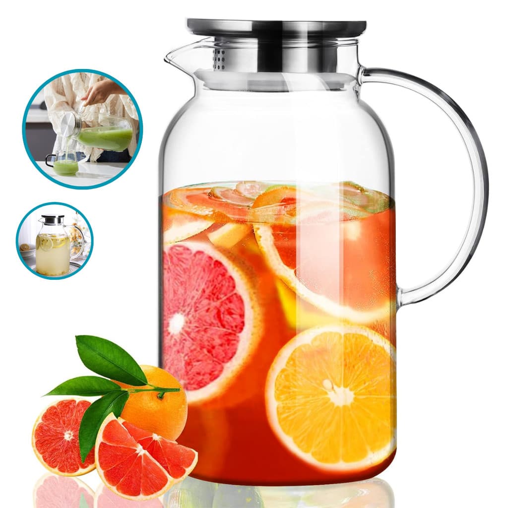 Jarra de Vidro 1,8L Borossilicato Transparente com Tampa Inox Linha Mesa Posta Jarra de Suco Geladeira
