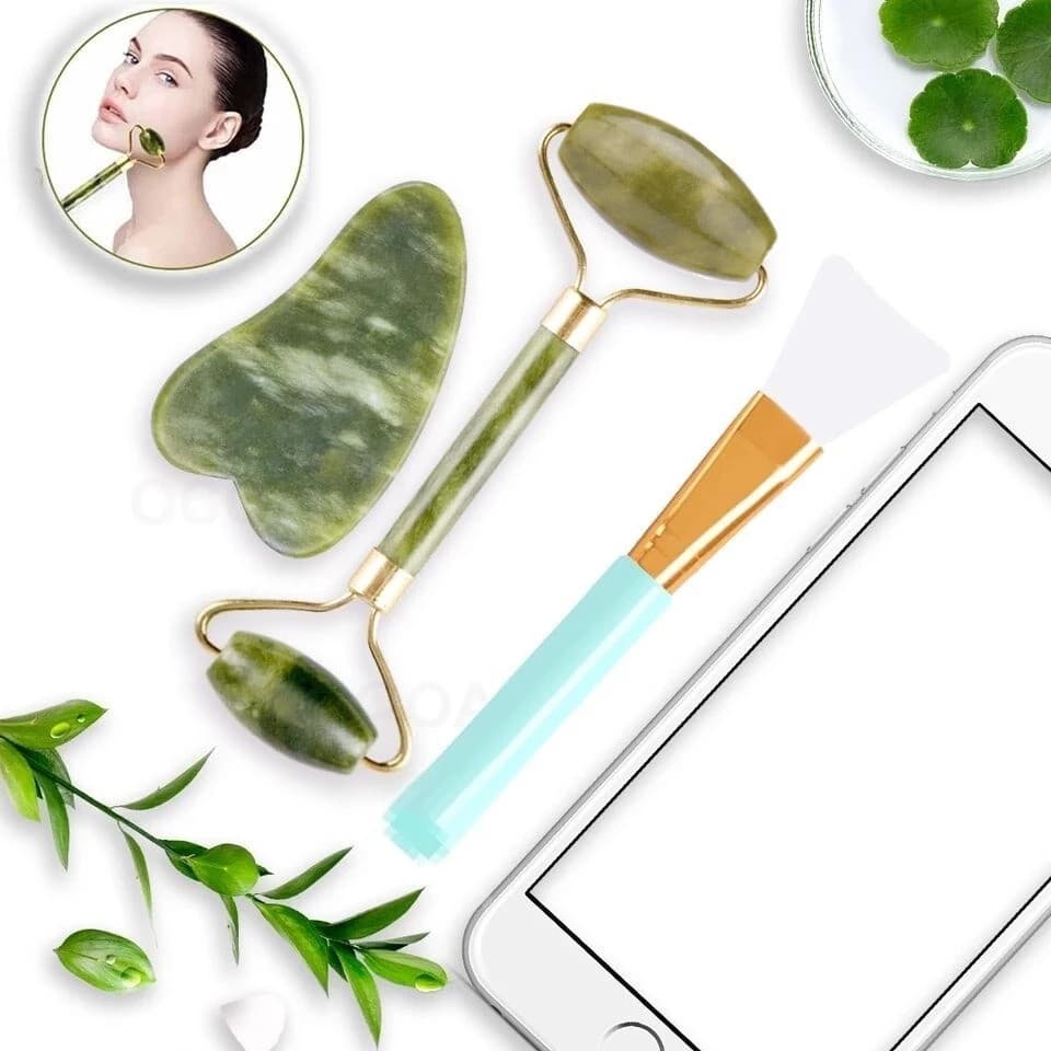 Kit 3 em 1 de Beleza-Rolo de Jade+Pedra Gua Sha+Espátula de Silicone Para Aplicar Máscaras e Cremes