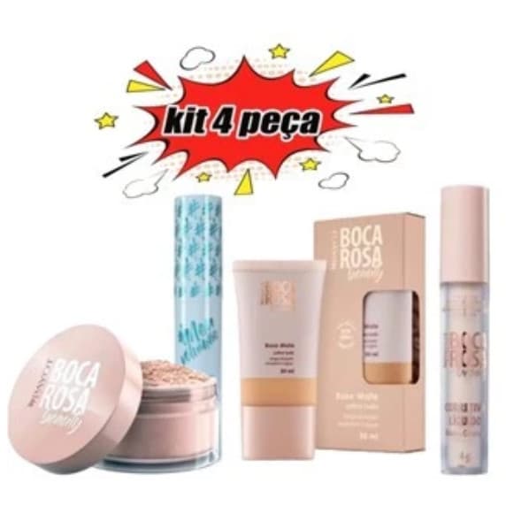 Conjunto de 4 peças BOCA ROSA Base líquida + Pó mármore + Rímel e corretivo