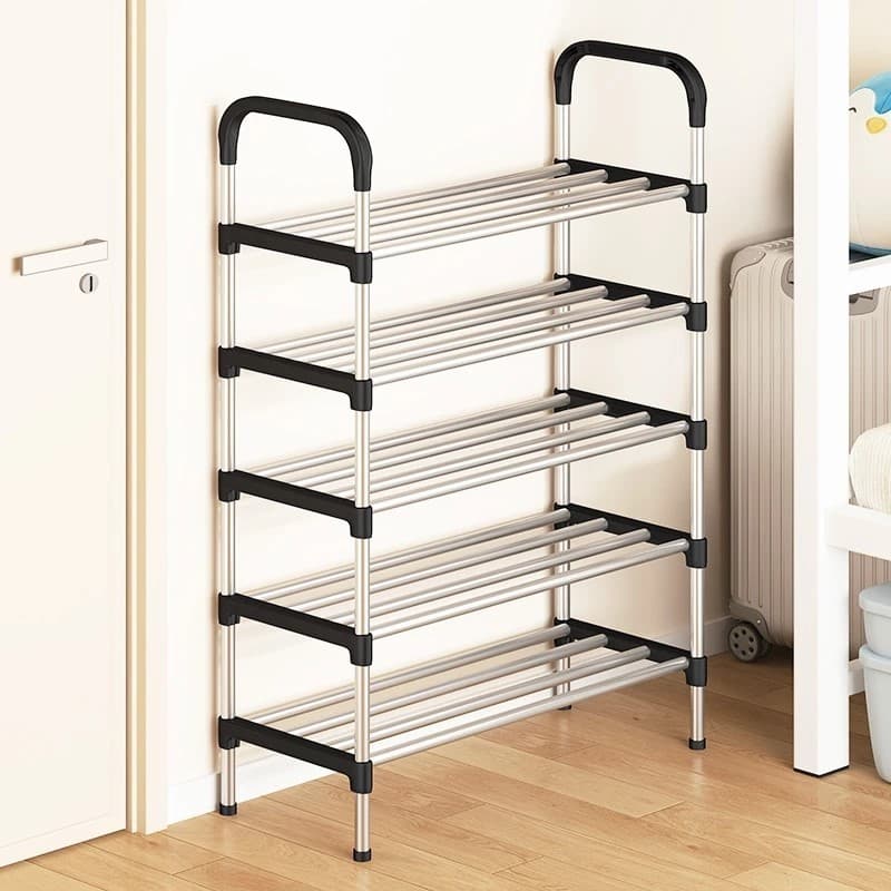 Rack Sapateira  Vertical Luxo Aço Inox 5 Prateleiras 15 Pares Cor Preto com Prata