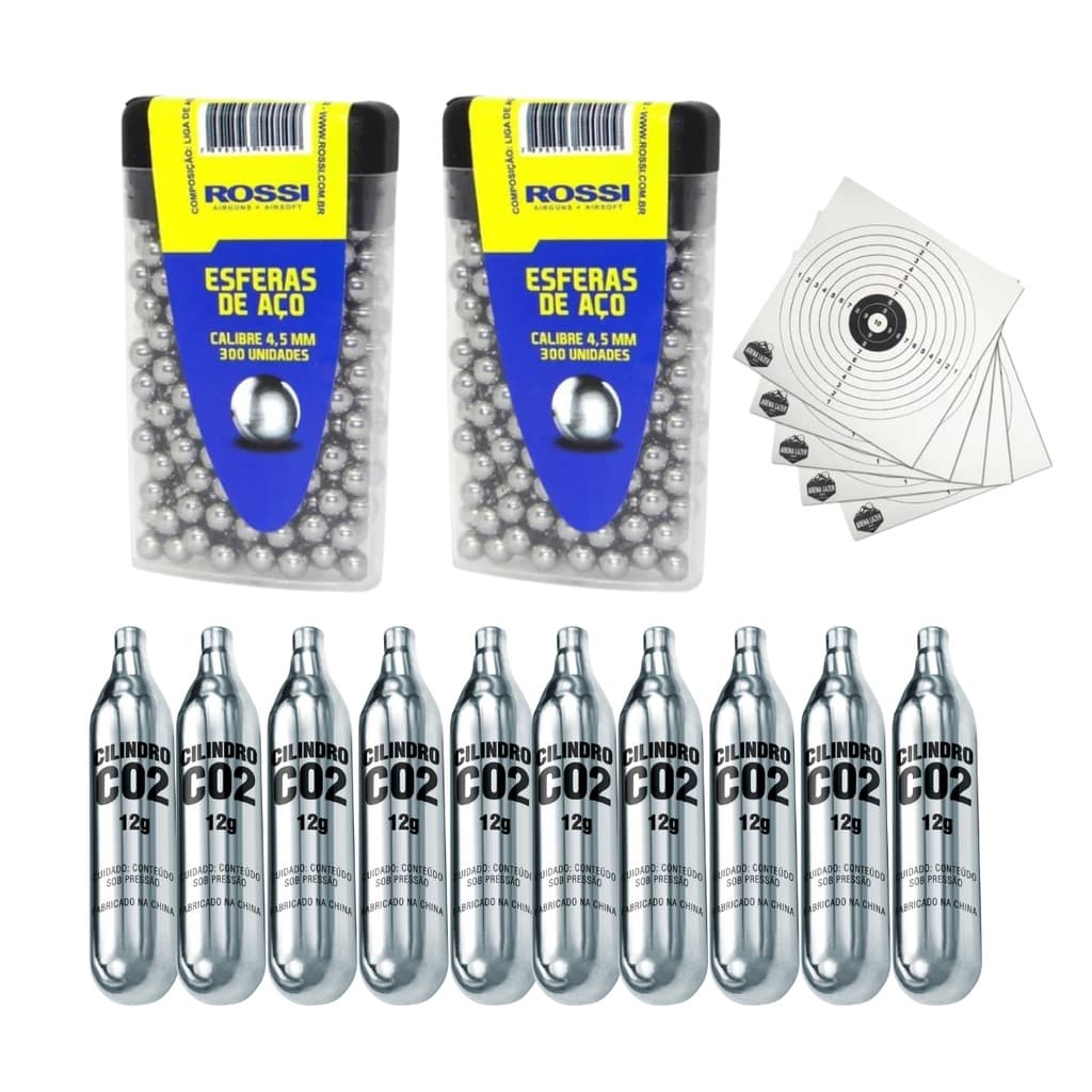 600 Esfera bbs de Aço Rossi 4,5mm + 10 Cilindros Co2 + Alvos Kit Airgun Airsoft Treino Tiro Esportivo