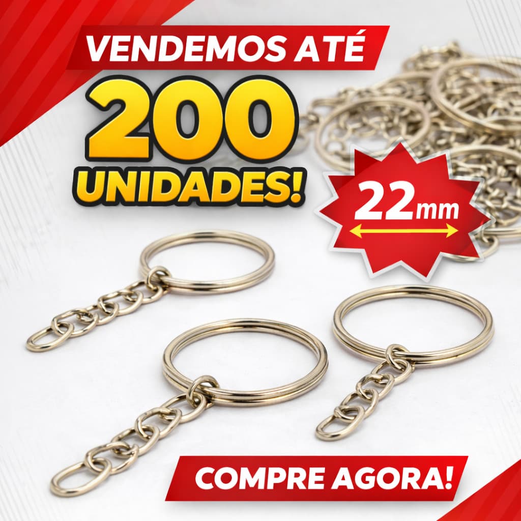 Conjunto até 200 Argola para Chaveiro 22mm com corrente de Aço Reforçada