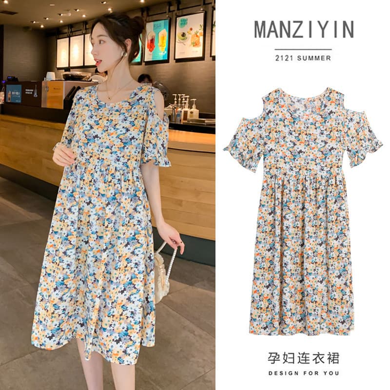Roupa de maternidade verão novo estilo terno elegante ombro vazado estilo ocidental pequeno fresco maternidade vestido e
